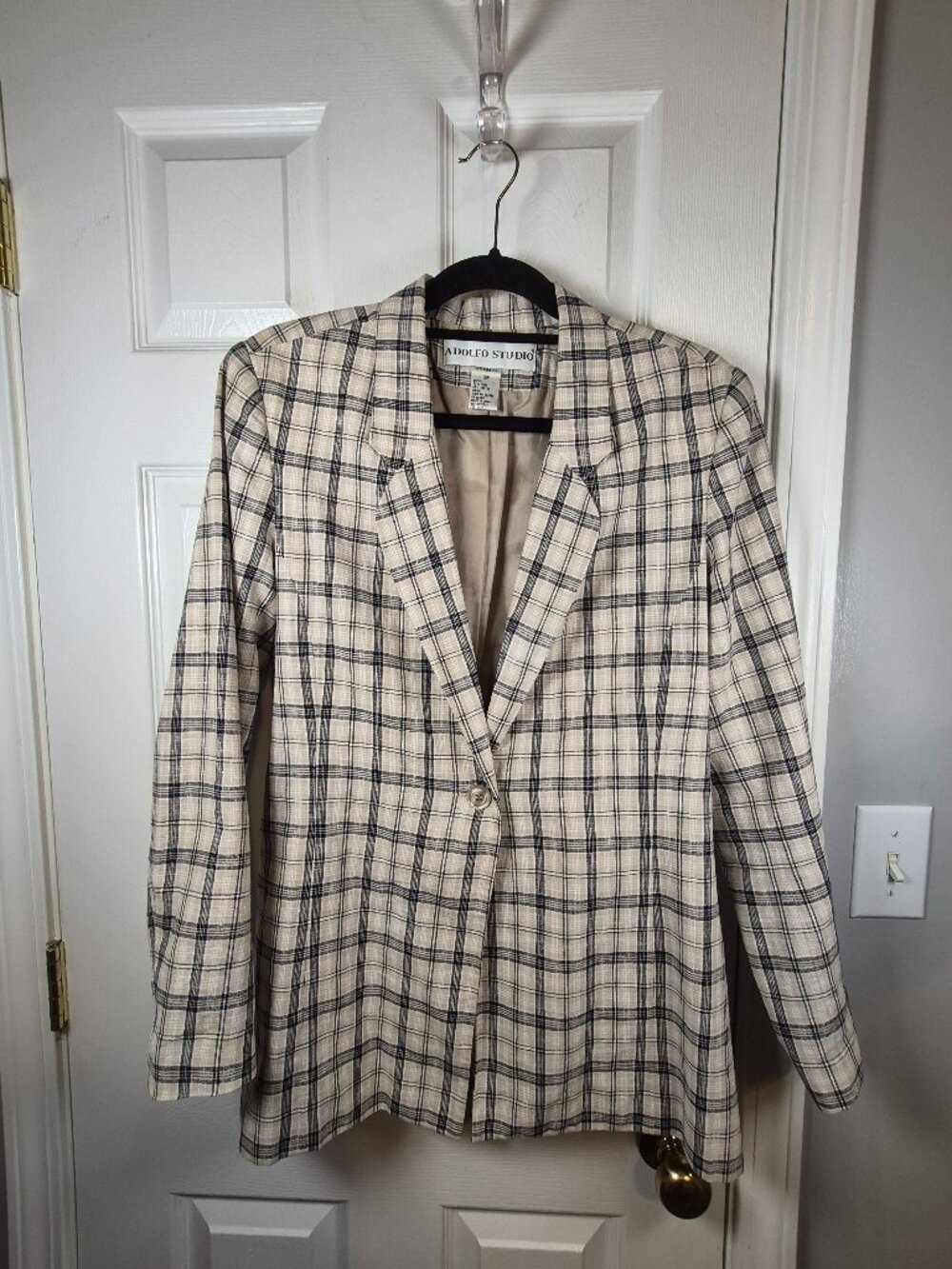 Vintage Women 12P Plaid Linen Cotton Blazer Professional Academia Preppy Y2K 90s